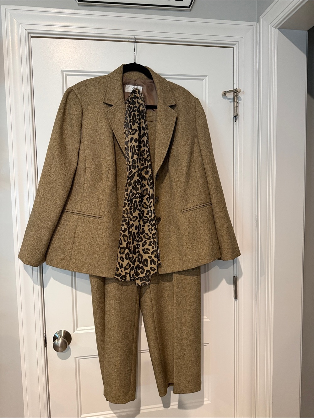 Le Suit Tan Blazer and Trouser Set with Leopard Scarf